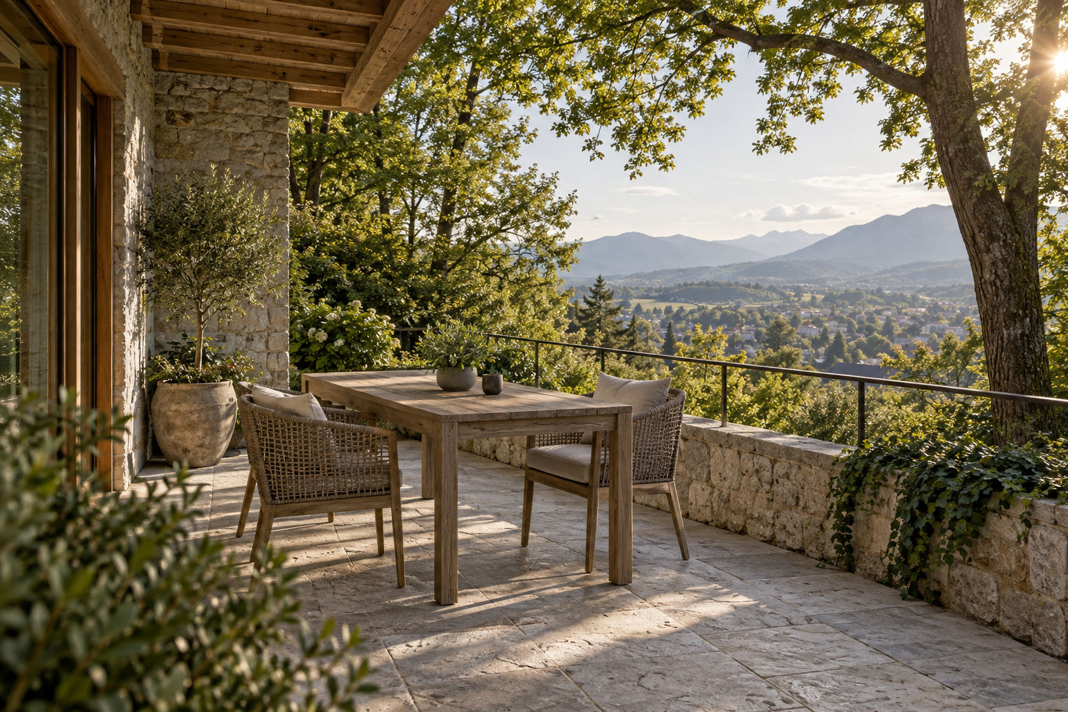 Geschützte Natursteinterrasse mit Holztisch und Blick in die Salzburger Berglandschaft